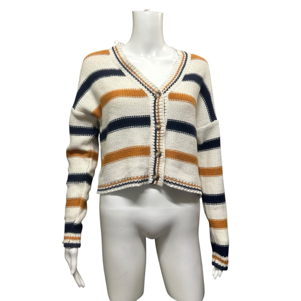 Bluenotes Cropped Striped Button Front Knit Cardigan Size L